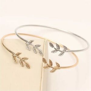 Bracelet Leaf Embellished Open Ended Adjustable Diamond Cut NEW!